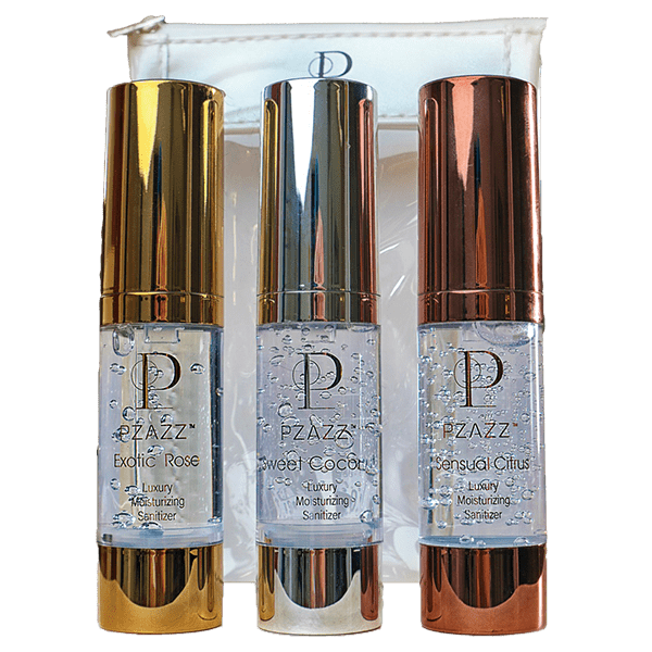 Pzazz Cosmetics Scented Moisturizer/Sanitizers in Front of Kit